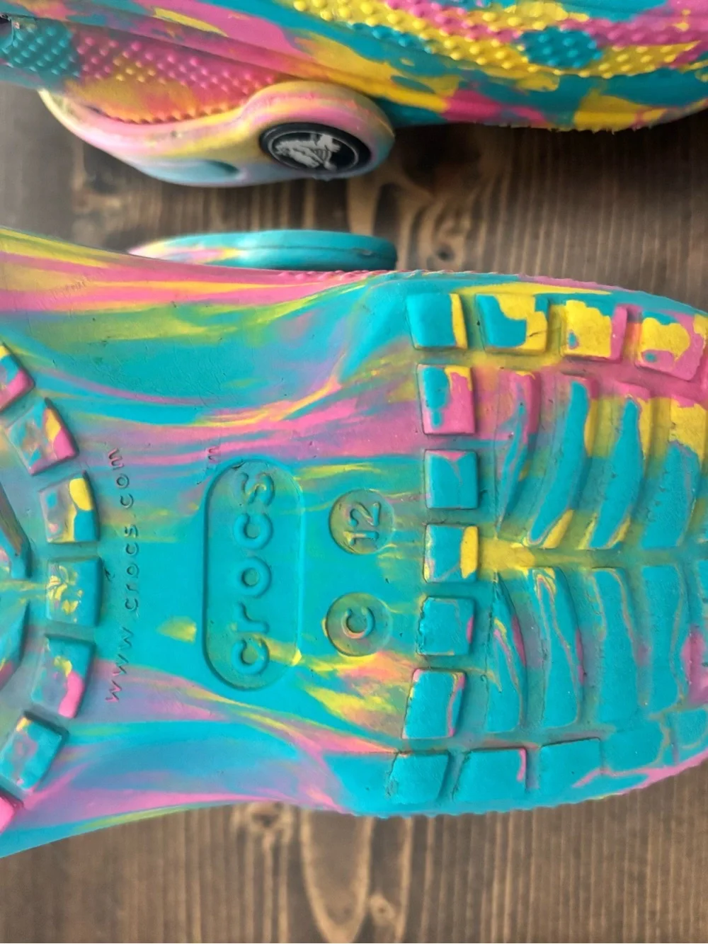 CROCS Kids Teal Water Clogs with Pink and Yellow Swirl